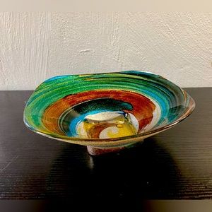 Art Glass Dish/ Multi colored/ Contured Rim, EC